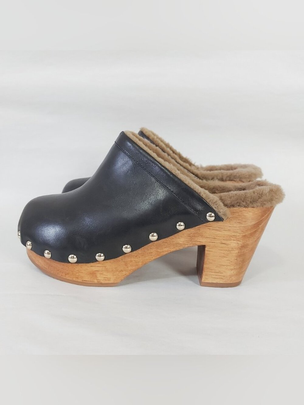 Beek Studs Chunky Cozy High Heel Woodpecker Shearling Clogs Size 7 Black Leather - Picture 4 of 11